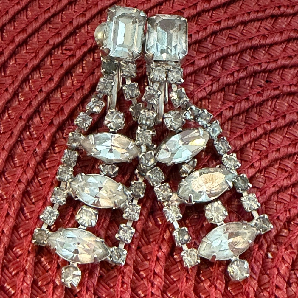 Vintage Rhinestone Chandelier Dangle Earrings Clip On Marquise Emerald Cut 2" 8g